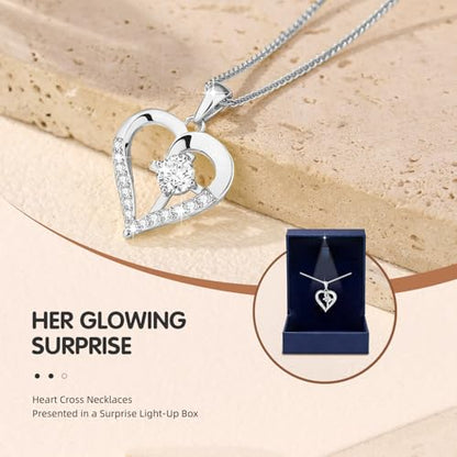 Moissanite Cross Necklace for Women in Light-Up Gift Box Heart Cross Jewelry 1CT Pendant for Women Gift Ideas for Wife Valentines Day Anniversary Birthday (S925 Sterling Silver/18K Real Gold Filled) - style: Silver without Card