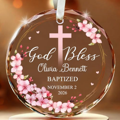 Personalized Baptism Baby Glass Ornament 2026- Custom Name God Bless Christmas - Thanksgiving - Birthday - Baby Girl - Parents - Christmas Keepsake from Godparents - color: Stylea03c