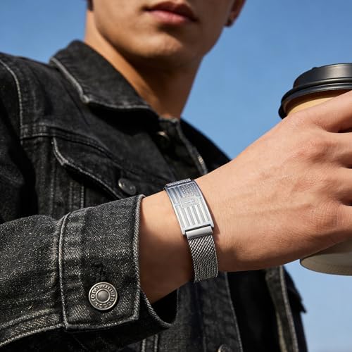 RINHOO Men's American Flag Cross Bracelet Bible Verse Stainless Steel - style: Silver-Joshua 1:9
