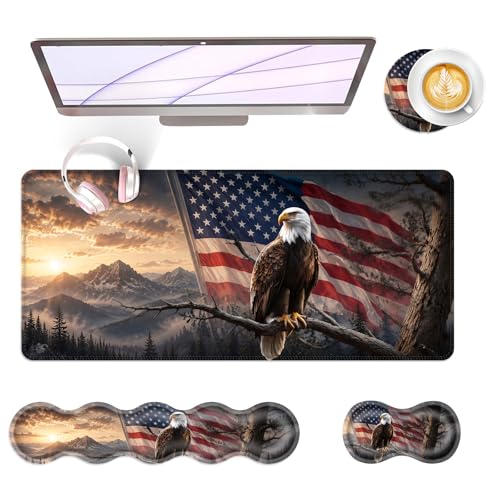 Large Keyboard Mouse Pad Set, Extended Mouse Pad+Keyboard Wrist Rest Support, Memory Foam Ergonomic Easy Typing, 4Pcs (31.5×11.8 in) Desk Pad Set for Office Home,Bald Eagle with American Flag - color: Bald Eagle with American Flag-2-1