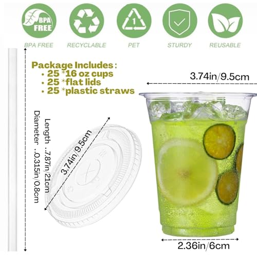 Artpreti 25 Sets 16 oz Clear Plastic Cups with Lids and STRAWS, Disposable Cups for Iced Coffee, Smoothie, Milkshake, Cold Drinks - size: 16 oz - With Lid