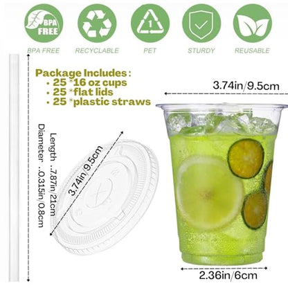 Artpreti 25 Sets 16 oz Clear Plastic Cups with Lids and STRAWS, Disposable Cups for Iced Coffee, Smoothie, Milkshake, Cold Drinks - size: 16 oz - With Lid