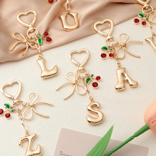 Snycler Bubble Initial Keychain Bag Charms for Women, A-Z Letter Keychain - color: Gold-mini Cherry-letter
