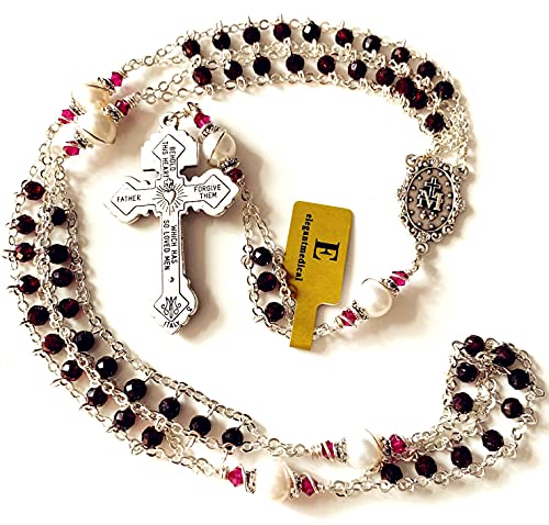 elegantmedical handmade Gold Ladder to Heaven Garnet Beads Catholic Rosary crucifix Necklace box - color: silver