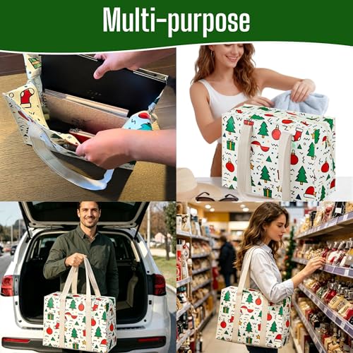 VENO 2 Pack Utility Tote Reusable Grocery Bags with Zipper & Hard Bottom - color: Jingle Mix, size: 2 Pack