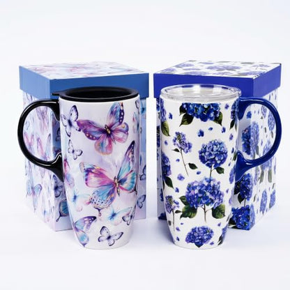 Topadorn 17oz Ceramic Travel Mugs Set of 2 with Lids, Butterfly Floral Set - color: Butterfly & Hydrangea