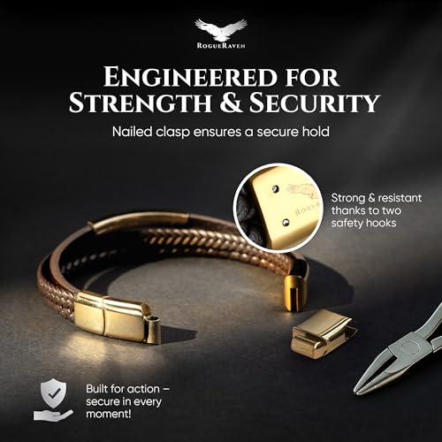 RogueRaven Black Leather Bracelet for Men – Premium Collection – Brown Black Gold Silver | Genuine Leather Mens Bracelet with Stainless Steel Clasp [Adjustable] | In Luxury Gift Box - color: Brown gold