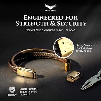 RogueRaven Black Leather Bracelet for Men – Premium Collection – Brown Black Gold Silver | Genuine Leather Mens Bracelet with Stainless Steel Clasp [Adjustable] | In Luxury Gift Box - color: Brown gold