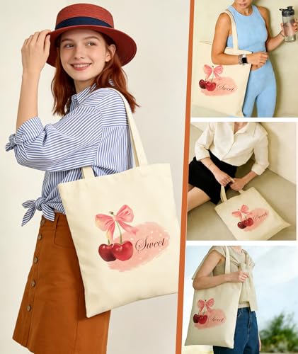 Women's Canvas Tote Bags with Inner Pockets & Metal Snap, Reusable Tote Bag for Girl's Vacation Travel Gym Shopping - color: Cherry 2