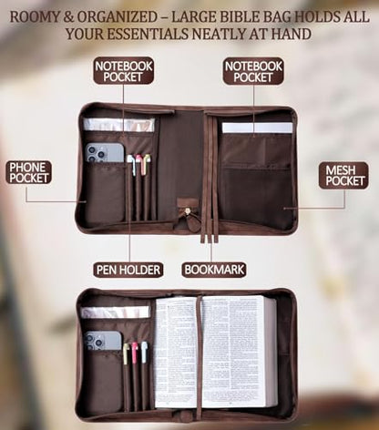 Vegan Leather Bible Cover Case, Bible Bag for Men Women, Gift Box Packaging - color: Brown