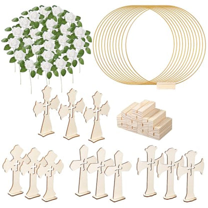 48 Pcs Baptism Centerpieces for Tables - Baptism Table Decorations - 12 Wood Crosses, 12 Metal Floral Hoops with Stands, and 24 Foam Roses - Garland Strands Kit for Baptism Party, Wedding Decor