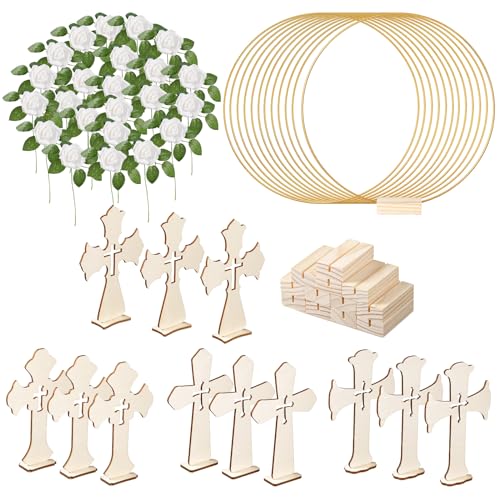48 Pcs Baptism Centerpieces for Tables - Baptism Table Decorations - 12 Wood Crosses, 12 Metal Floral Hoops with Stands, and 24 Foam Roses - Garland Strands Kit for Baptism Party, Wedding Decor