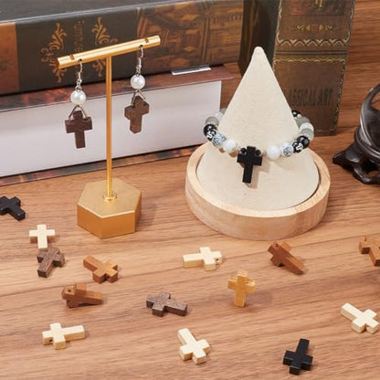 SUNNYCLUE 100Pcs Cross Charms Bulk Wood Cross Beads Natural Wooden Bead Charm Mini Small Black White Pocket Crosses Rosary Crucifix Easter Holiday Pendants for Jewelry Making DIY Supplies - color: 100Pcs 5 Colors 22x15mm