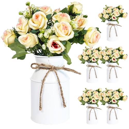 Artificial Rose Centerpiece with Metal Vase, 6 sets, White & Champagne - color: 6 White Vases & 12 Champaign Roses