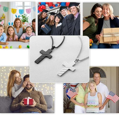 RWQIAN American Flag Cross Necklace for Men Bible Verse, Christian Religious Scriptures Faith Baptism 1st First Communion Pendant Chain for Boys, Fathers Dad Day Graduation Jewelry Gifts for Him - color: Black, style: Joshua 1:9