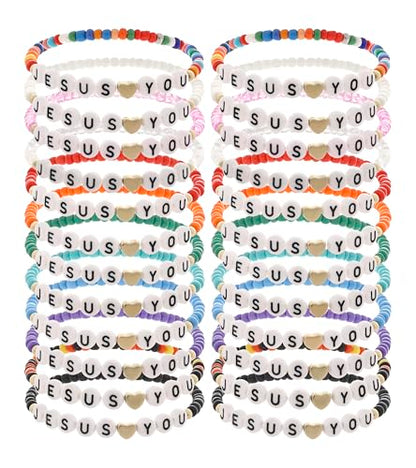 24Pcs Jesus Loves You Bracelets Bulk Handmade Clay Beads Bible Verse Bracelets Christian Friendship Jewelry Christmas Easter Gifts for Women Teen - color: Jesus 24-1