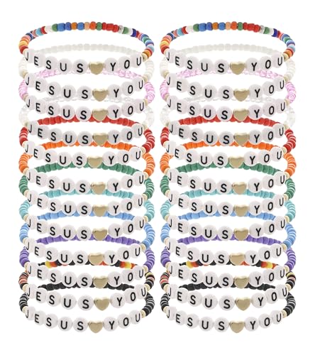 24Pcs Jesus Loves You Bracelets Bulk Handmade Clay Beads Bible Verse Bracelets Christian Friendship Jewelry Christmas Easter Gifts for Women Teen - color: Jesus 24-1