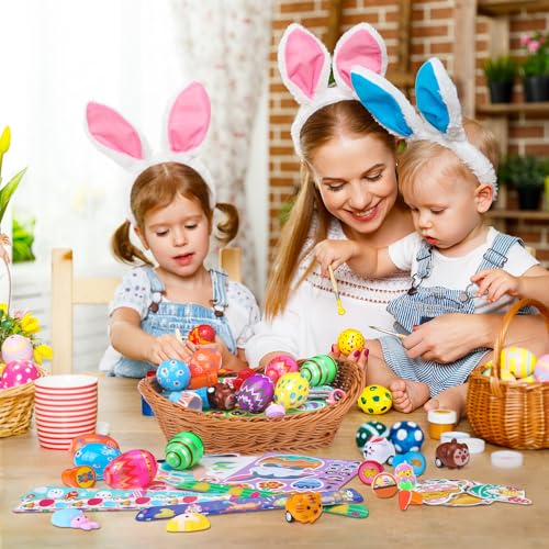 Simgoing 134 Pcs Easter Party Favors Bulk Easter Egg Fillers with Slap Bracelets Stampers Rings Make Your Own Stickers Easter Basket Stuffers for Easter Goodies Bags Classroom Crafts Prize Supplies