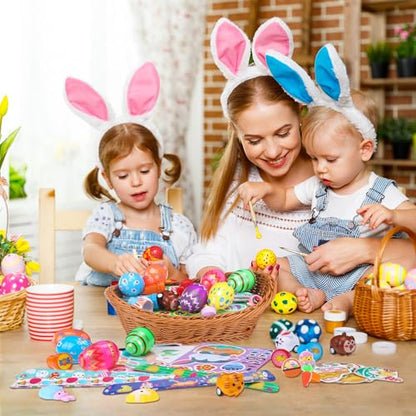 Simgoing 134 Pcs Easter Party Favors Bulk Easter Egg Fillers with Slap Bracelets Stampers Rings Make Your Own Stickers Easter Basket Stuffers for Easter Goodies Bags Classroom Crafts Prize Supplies