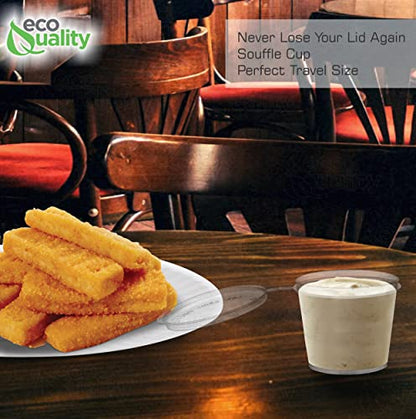 EcoQuality 1oz Plastic Condiment Souffle Cups with Attached Lids, 50 Packs