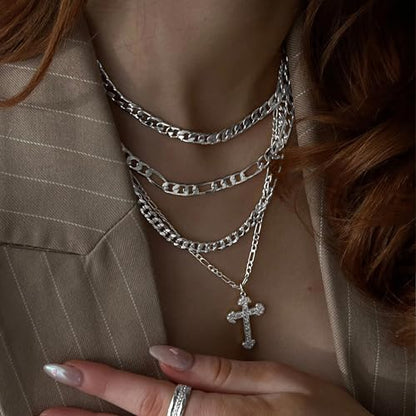 Amicon Cross Necklace for Women 14K Gold Plated Dainty Heart Cross Pendant Choker Simple Trendy Cute Cross Charm Diamond Necklace Faith Jewelry Religious Minimalist Gift - style: Layered Figaro Cross-SL
