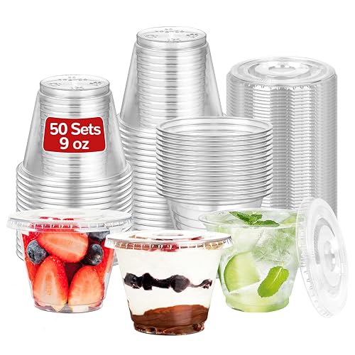 9oz Clear Plastic Cups with Flat Lids No Hole (50 Sets) - size: 9 oz-50Sets