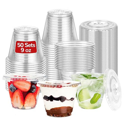 9oz Clear Plastic Cups with Flat Lids No Hole (50 Sets) - size: 9 oz-50Sets