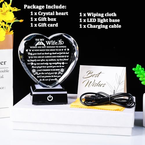 Arikyrist Romantic Wife Gift from Husband with Colorful LED Base Anniversary Birthday Gifts for Wife Crystal Keepsake I Love You Gift for Her on Mothers Day Valentine Christmas - color: Wife Gifts + Light Base