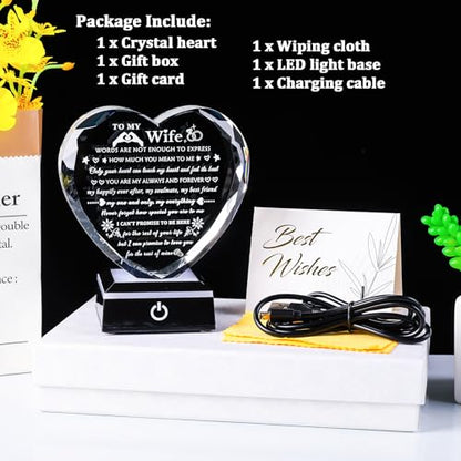 Arikyrist Romantic Wife Gift from Husband with Colorful LED Base Anniversary Birthday Gifts for Wife Crystal Keepsake I Love You Gift for Her on Mothers Day Valentine Christmas - color: Wife Gifts + Light Base