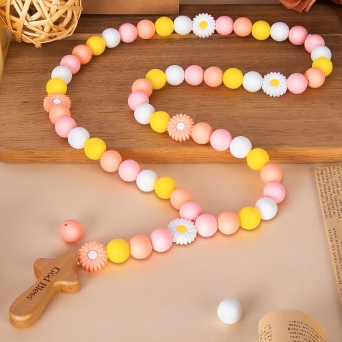 Baby Rosary with Cross, Baptism Gift Baby Rosary for Boy Girl Kids, My First Rosary Catholic Religious Gifts Christian First Holy Communion Party Decorations, Daisy - color: Daisy