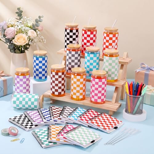 Skylety 36 Pcs Checkered Gifts Bulk Glass Cups Summer Gingham Notebooks - style: Gingham