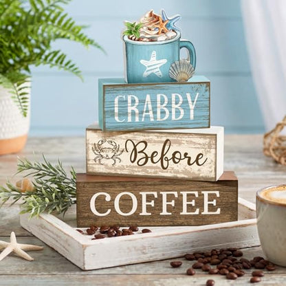 Lineshading 4 Pcs Coffee Beach Decor Wooden Blocks, Coastal Tiered Tray - style: Beach Coffee