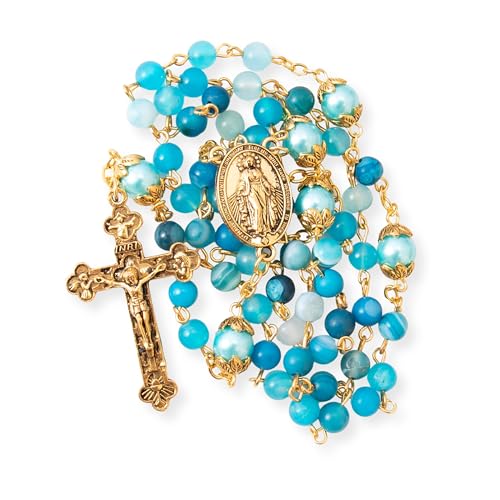 Nazareth Store Catholic Rosary Necklace Matte Stone Beads Green Pearl Round Beads Miraculous Medal & Cross - Velvet Bag - color: Blue