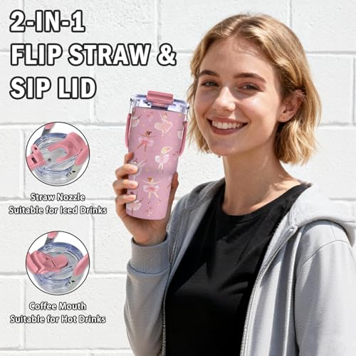 Ballerina Gifts for Girls - Pink Ballet Tumbler with Top Handle and Flip Straw Lid 20oz Stainless Steel Insulated Travel Cups - Christmas Birthday Ideas for Ballet Dance Lover Kids Coffee Mugs - color: Ballet01