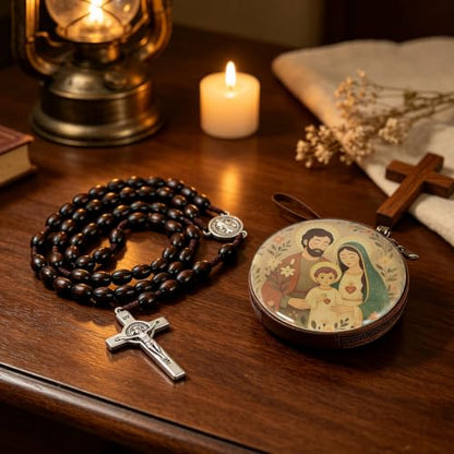 Wooden Catholic Rosary Beads, Rosarios Catolicos with Decorative Prayer Box - color: Brown (12)