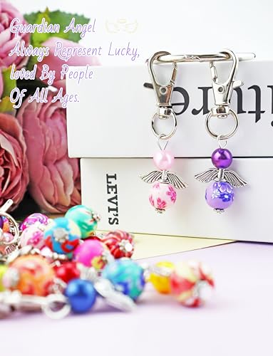 20 Pcs Angel Pearl Beads Pendant Keychain, Angel Fairy Mixed Stone Dangle Charms with Swivel Clasps Hook for Bag Pouch Purse Key Holders