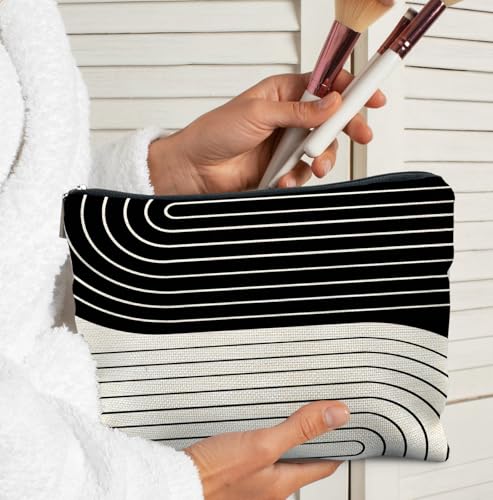 Abstract Boho Black White Makeup Bag for Women, Minimalist Black and White Cosmetic Bags,Gifts for For Mom Friends Teen Girl & Women,Neutral Mid Century Modern Art Zipper Makeup Pouch for Purse - color: Boho Black White