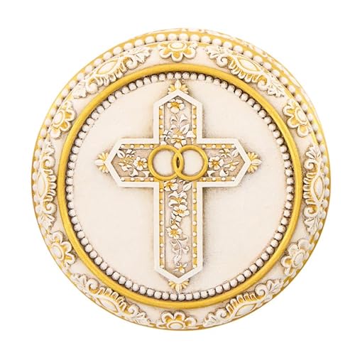 Christian Brands Catholic Wedding Rosary Box - Double-Ring Cross with Gold, 3.5", White