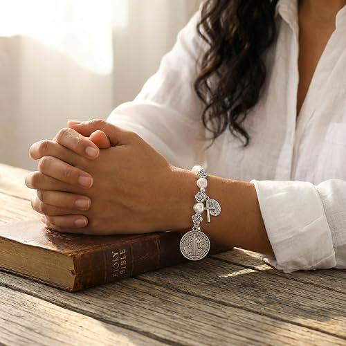 2 Pack San Benito Bracelet for Women, Silver Tone Saint Benedict Medal Stretch Rosary Beads (Zinc Alloy), Catholic Religious Protection Jewelry Gift, Small Size 4.6cm Elastic
