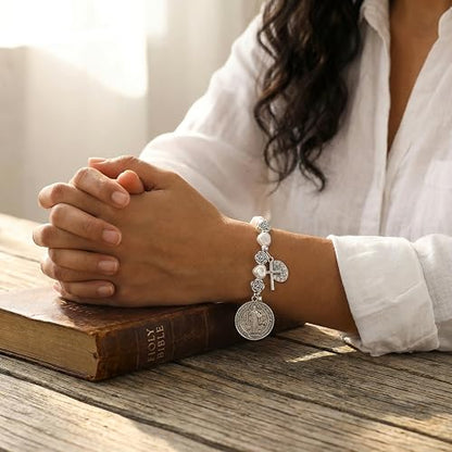 2 Pack San Benito Bracelet for Women, Silver Tone Saint Benedict Medal Stretch Rosary Beads (Zinc Alloy), Catholic Religious Protection Jewelry Gift, Small Size 4.6cm Elastic