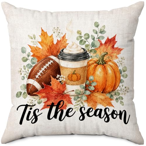 Vintage Fall Football Coffee Pumpkin Throw Pillow Covers 18x18 - color: Football