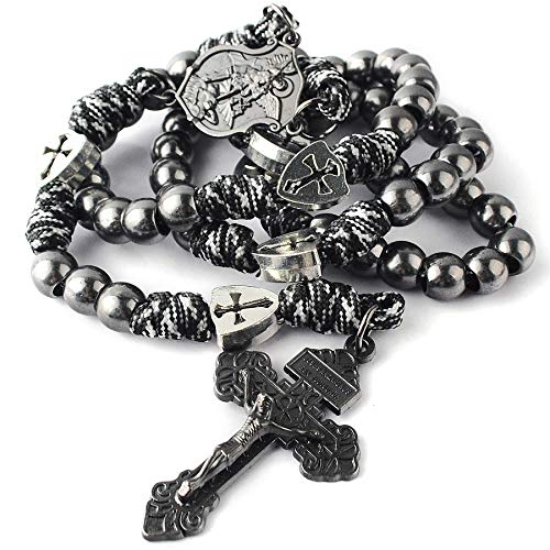 HanlinCC Catholic Rosary Paracord Large Metal Beads St.Michael Medal Men - style: Gun Black St.Michael Paracord Rosary