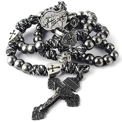 HanlinCC Catholic Rosary Paracord Large Metal Beads St.Michael Medal Men - style: Gun Black St.Michael Paracord Rosary