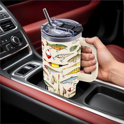 40 Oz Tumbler with Handle, Fishing Gifts for Men Dad Boyfriend - color: Fishing-White