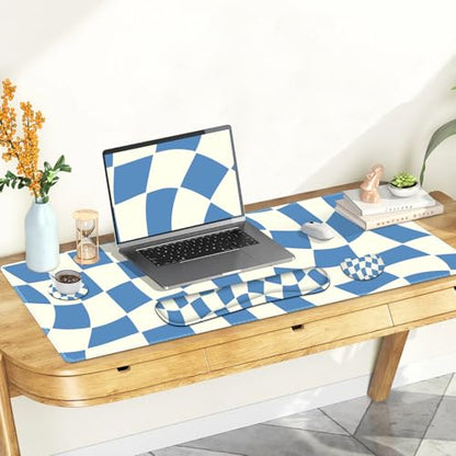 Desk Mat Pad, Gaming Mouse Pad Wrist Support Set, 4 in1 Non-Slip XXL Large Mousepad + Ergonomic Keyboard Wrist Rest+Mouse Wrist Rest+Coaster for Home Office Computer I Blue White Checker - color: Blue White Checker