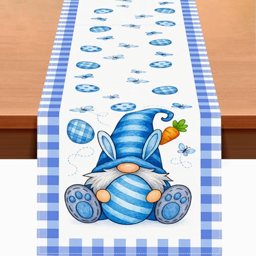 HOMETITUTE Blue Easter Gnome Table Runner Bunny Decor 13x72 Inch Burlap