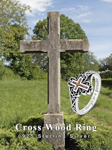 Faith Cross Ring for Women 925 Sterling Silver Wood Cross Ring Inspiring Religious Christian Jewelry Gifts (with Gift Box) - color: 01-Cross Ring