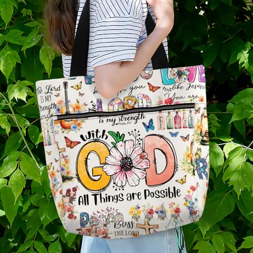 84hoods 15 inch Large Tote Bag for Work for Women. Christian Faith, Jesus God Religious Gift. Waterproof Shoulder Bag. - color: 01. All Things Are Possible With God