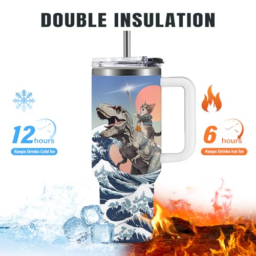Christian Gifts for Women 40oz Tumbler - Insulated Travel Mug with Handle (Cat-Dinosaur, 40 Ounces) - color: Cat-Dinosaur