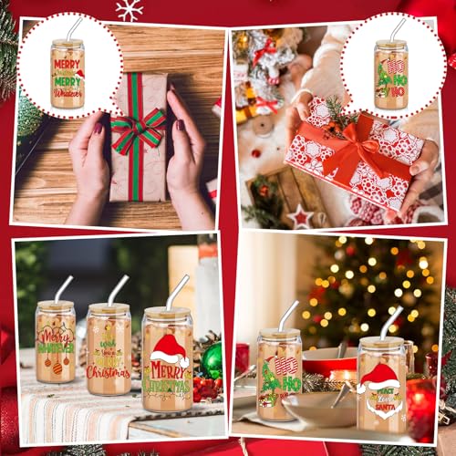 SiliFine 6 Pcs Christmas Glass Cups with Lid and Glass Straw 16 oz Holiday Iced Coffee Cup Xmas Can Shaped Beer Water Glasses Tumbler Christmas Appreciation Gifts for Xmas Party Favors - style: Santa
